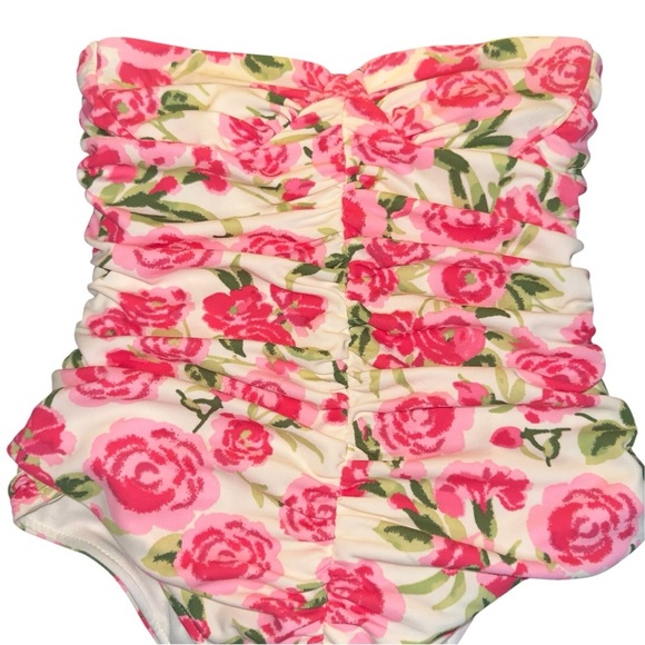Zara Ruched Floral Strapless Bodysuit Pink Rose Print Cottagecore Y2K Coquette - Picture 6 of 16
